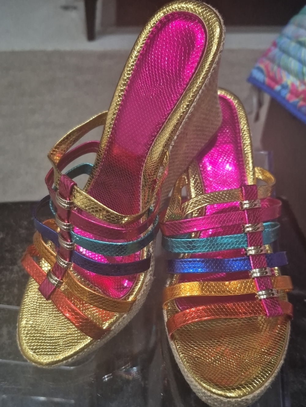 Gold Multi-Color Strappy Wedge Sandals - Women's